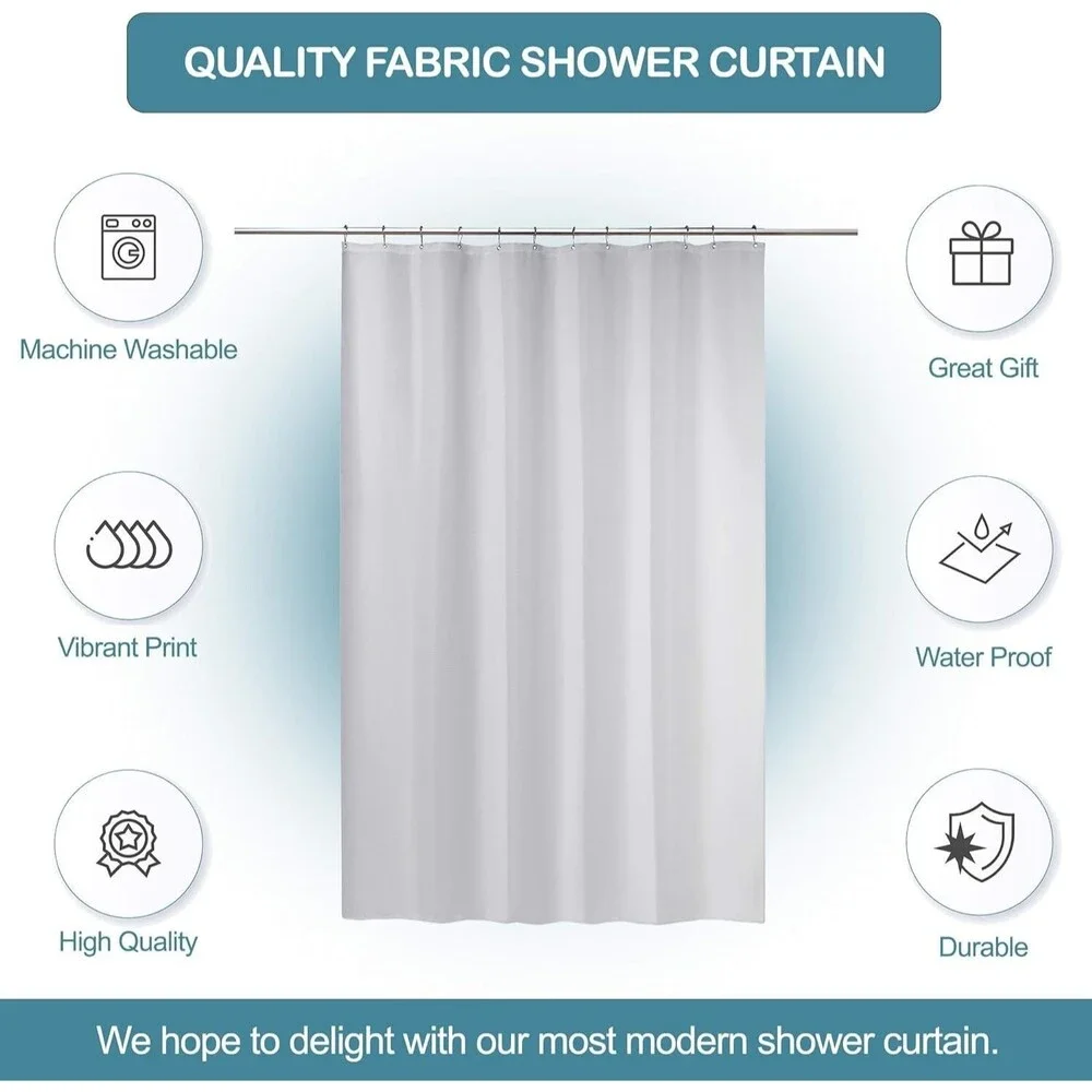 Modern Fabric Shower Curtain w/Rust-Proof Curtain Hooks, Heavy-Duty, 72x72 WHITE